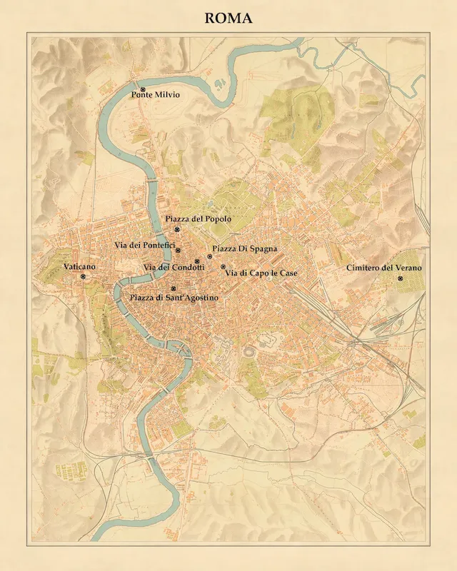 Mappa storica di Roma con i luoghi associati a Louis Brüls